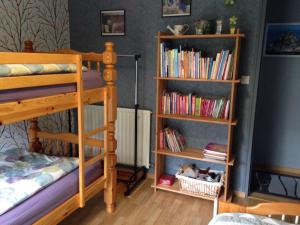 a bedroom with a bunk bed and book shelves with books at Chambres d'hôtes Le Bas Rassinoux in Saint-Ouen-des-Alleux