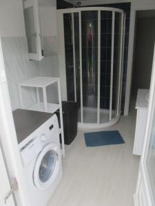 a washing machine in a bathroom with a shower at Au Clair de la Dune in Fréhel