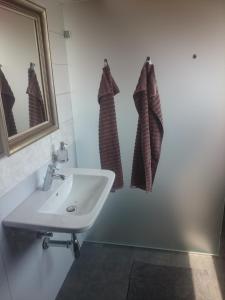 een badkamer met een wastafel, een spiegel en handdoeken bij Apartmán Jakubka in Teplice nad Bečvou