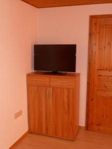 a flat screen tv sitting on top of a wooden cabinet at Ferienwohnung Wagner in Aalen