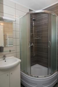 La salle de bains est pourvue d'une douche et d'un lavabo. dans l'établissement Studio apartman Toplica, à Daruvar