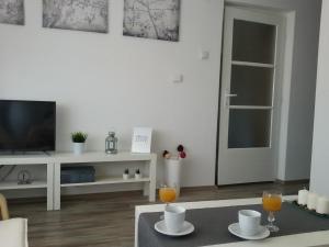 un soggiorno con TV e tavolo con due bicchieri di Studio apartman Toplica a Daruvar