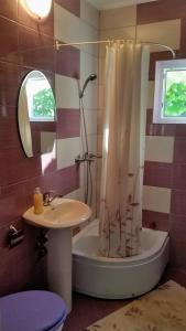 ソバタにあるCasa Sallaiのバスルーム(シンク、シャワー、シャワーカーテン付)