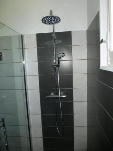 a shower in a bathroom with black and white tiles at Château de Morin in Puch-dʼAgenais