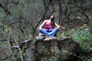 a woman sitting on a rock in the woods at Cabaña Duraznillo in El Cantadero