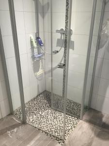 a shower with a glass door in a bathroom at Haus Selma in Zingst +50 photos