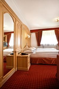 um quarto com uma cama grande e um espelho grande em B&B Garni Serena em Arabba