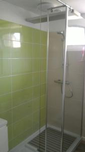 ラ・フロスリエールにあるGite Duguesclin VERTの緑のタイル張りのバスルーム(シャワー付)