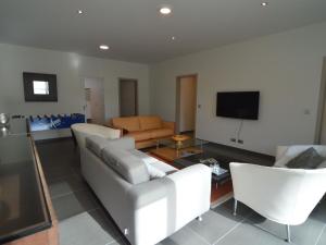 a living room with white furniture and a flat screen tv at Modern Holiday Home in Flemish Ardennes with Bubble Bath in Zottegem