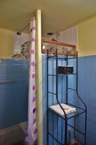 サン・ティポリット・デュ・フォールにあるLa Cigaleの青いバスルーム(シャワー、黒い棚付)