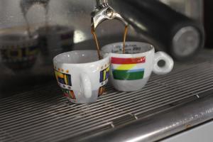 オスティア・アンティカにあるOstia Antica Suite B&Bのキッチンシンクの下の棚に座ったコーヒーカップ2つ