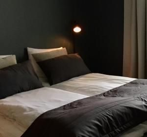 een bed in een slaapkamer met een licht aan de muur bij Evje Park in Evje