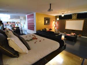 um quarto com uma cama, um sofá e uma televisão em Home in Welkenraedt with Jacuzzi Steam Shower em Welkenraedt