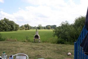 a view of a field with a bell in the grass at Zur alten Schmiede I (Rechts) in Boltenhagen