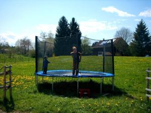 zwei Menschen stehen auf einem Trampolin auf einem Feld in der Unterkunft Ferienhof Fink - Ferienwohnung Kleeblatt in Opfenbach