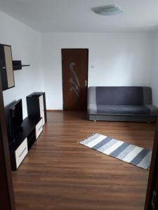 a living room with a bed and a wooden floor at Apartament Faleza Dunării in Orşova