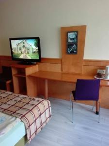 een kamer met een tv en een tafel met een stoel bij D.W. Lidia in Korbielów