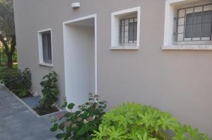 ein weißes Haus mit zwei Fenstern und einigen Pflanzen in der Unterkunft Pan di Zucchero in Cittadella
