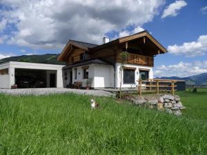 a dog sitting in the grass in front of a house at Appartement Hoamatgfühl in Flachau