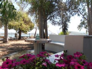 a bird bath in a garden with pink flowers at Ormos Drepanou Apartments in Lygia +8 photos
