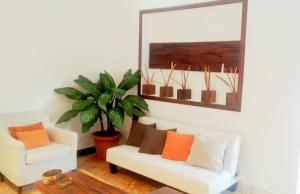 a living room with a white couch and a plant at Cinco Hotel B&B in San Salvador