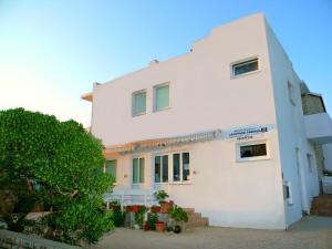 a white building with a tree in front of it at Apartments Panonija in Novalja