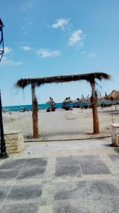 a beach with some straw umbrellas and the ocean at Studio Ines in Mamaia Nord