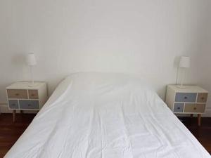 ヴィルールバンヌにあるApt spacieux proche Lyon Guillotteの白いベッド1台(2泊分のスタンド付)