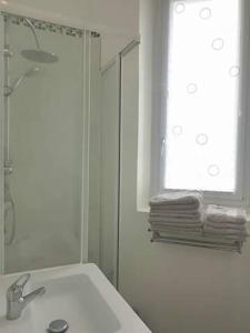 ヴィルールバンヌにあるApt spacieux proche Lyon Guillotteのバスルーム(シンク、鏡、タオル付)