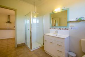 a bathroom with a shower and a sink and a mirror at Mungo Lodge in Mungo