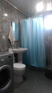 e bagno con servizi igienici e tenda doccia blu. di Savane a Udabno