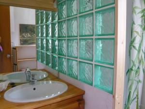 a bathroom with a sink and a glass wall at studio isabelle in Saint-Chaffrey