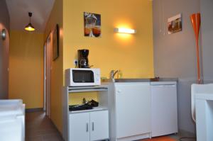eine Küche mit einem weißen Kühlschrank und einer Mikrowelle in der Unterkunft Le Gîte Oratorien in Ouzouer-sur-Loire