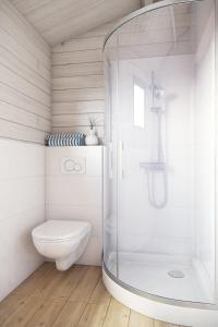 W łazience znajduje się przeszklony prysznic i toaleta. w obiekcie Domki Aleja Róż w mieście Międzyzdroje