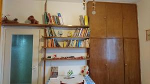 een kamer met een boekenplank met boeken bij Stella Maris Hosting in Haifa