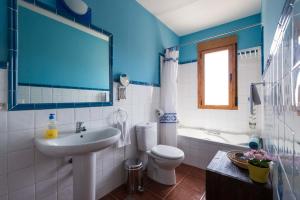 uma casa de banho com um lavatório, um WC e um espelho. em El Descanso de los Lares em Miguel-Ibáñez