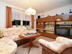 uma sala de estar com um sofá e uma televisão em Apartment with views of the Ore Mountains em Oelsnitz
