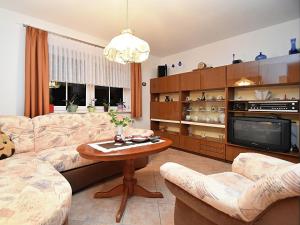 un soggiorno con divano e TV di Apartment with views of the Ore Mountains a Oelsnitz