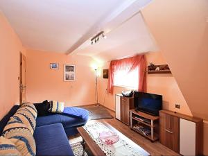 a living room with a blue couch and a tv at Pleasant Apartment in Wildemann amid Forest in Wildemann