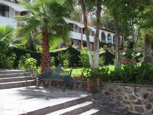 un banco verde frente a una casa con palmeras en Rancho Hotel Atascadero, en San Miguel de Allende