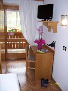 a bedroom with a desk with a television and a window at Alpen Hotel Rabbi in Rabbi