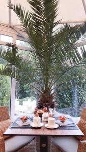 a table with plates of food and a palm tree at Hotel Martinique in Nieuwpoort