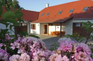 ein Haus mit rosa Blumen davor in der Unterkunft U Slunce in Čížov