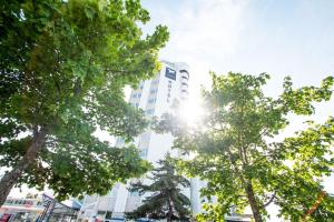 een hoog gebouw met de zon die door de bomen schijnt bij First Hotel Jönköping in Jönköping