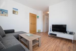 a living room with a couch and a flat screen tv at Apartments PETRUSIC in Rab