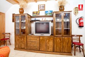 TV en un centro de entretenimiento de madera en una sala de estar en Casa Rural El Fronton, en Vadillo