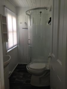 a white bathroom with a toilet and a shower at Auberge Les Blancs Moutons in Saint-Laurent-de-l'ile d'Orleans