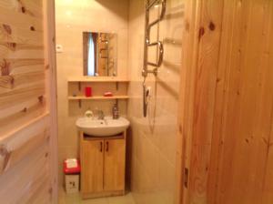 a bathroom with a sink and a shower at Dobilas ir jura in Palanga