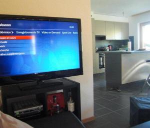 TV de pantalla plana con soporte en la cocina en Chalet Griffon, en Nendaz