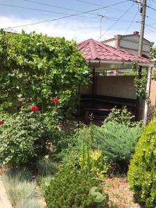 a garden with roses and plants in front of a house at Holiday Home Vinograd in Zatoka